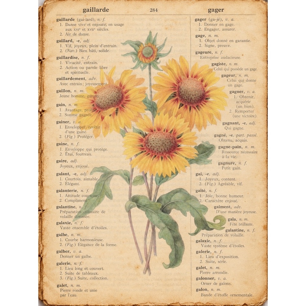 Redouté Gaillardia Dictionary Page Art Print Yellow Flower Cottage Wall Decor